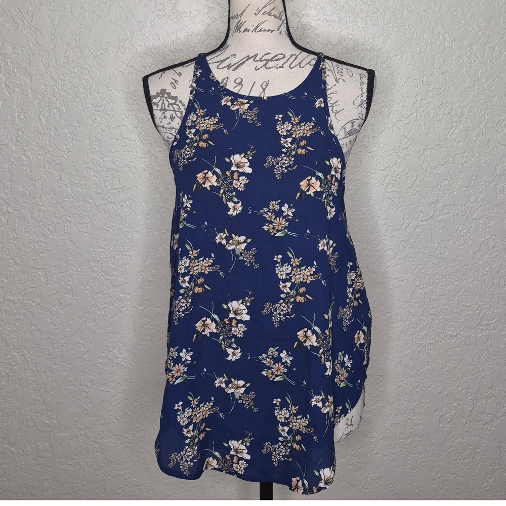 Forever 21 Navy Blue Floral Halter Neck Tank Top Small Keyhole Back Sleeveless